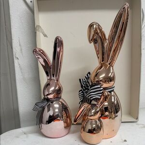 Metallic Rose Gold Bunny Figurines with Striped Bows Easter